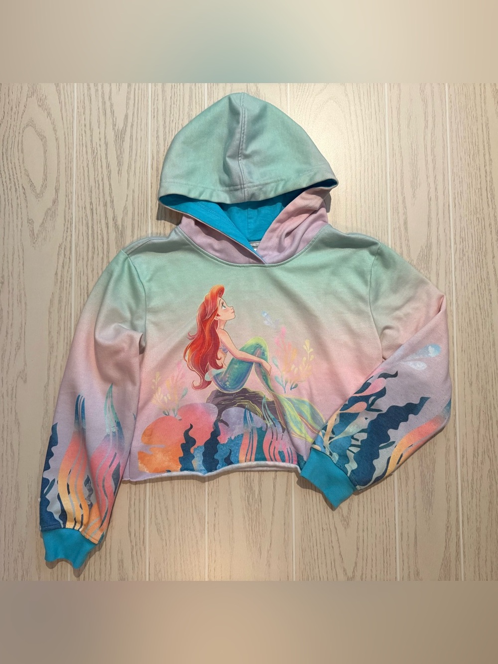 Disney Parks Ariel Cropped Hoodie Girls Size 13 Pastel Ombre‎ Mermaid Sweatshirt